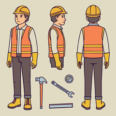 Construction worker character with tools and multiple views