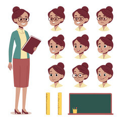 Teacher character design with multiple expressions and school supplies