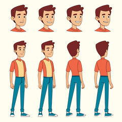 Character turnaround sheet of a young man in casual attire