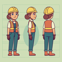 Female construction worker character model from multiple angles