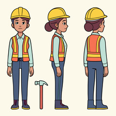 Female construction worker character design front side and back views