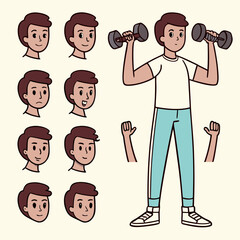 Man exercising with dumbbells and various facial expressions