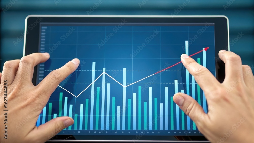 Aufkleber tax increase hands interacting with a tablet displaying a financial graph and data analysis.