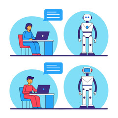 Humans and robots interacting and communicating with laptops