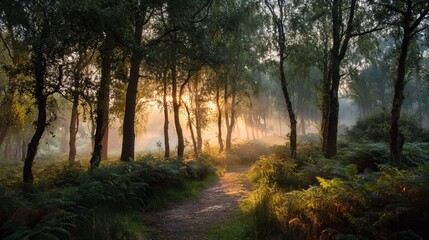 Naklejka premium Peaceful forest stream flowing through lush green woodland in summer