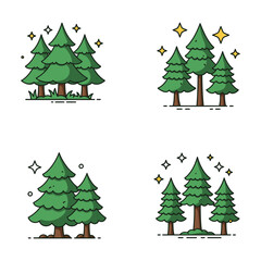 Set of Four Cartoon Pine Tree Illustrations with Sparkling Star Accents, Flat vector