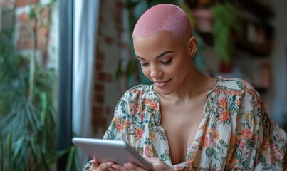 Happy candid mixed-race lesbian woman with a pink buzzcut hairstyle playing on a smart tablet device. relaxed and joyful moment captures the woman's engagement with technology, Generative AI