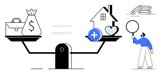 Scales balancing money with home and health symbols, emphasizing financial planning and life priorities. Ideal for finance, wealth, work-life balance, health management, equality, investment, simple