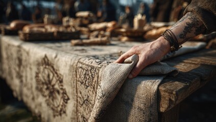 Hand smoothing table cloth on rustic wooden table