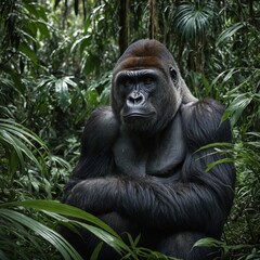 Obraz premium A gorilla sitting peacefully in a dense rainforest