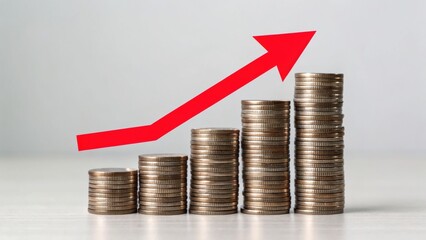 tax increase Stacks of coins with a rising arrow symbolize financial growth and success.