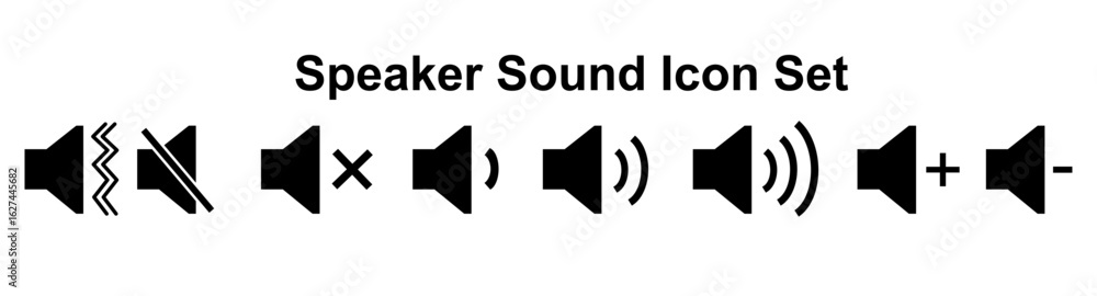 Poster speaker icon set. sound on and mute button with volume increase and decrease symbol. icons for playe