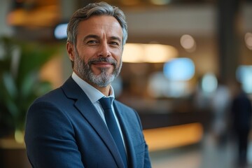 Mature businessman at a hotel reception, representing professional travel and business trips in a modern hospitality environment, Generative AI