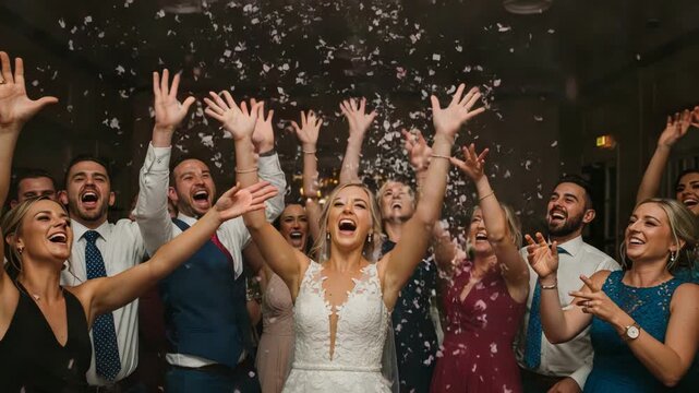 Bride and groom surrounded by cheering guests throwing confetti at a wedding reception, celebrating their special day with joy and happiness