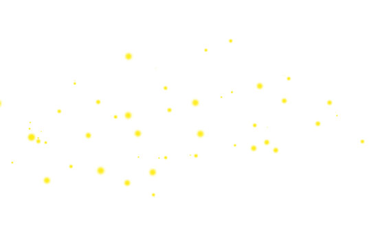Firefly overlay, scattered glowing yellow firefly effect on transparent background for photo manipulation and editing.