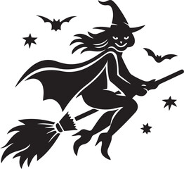 Editable clean and Retro witch on a broomstick vector or sticker. Cartoon comic groovy characters vector. Unique vector illustration of witch on a broomstick, vector icon illustration