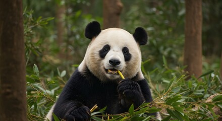 Panda eating bamboo in forest