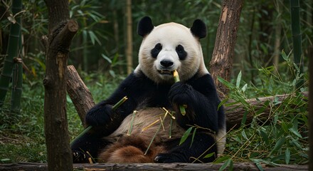 Fototapeta premium Panda eating bamboo in forest