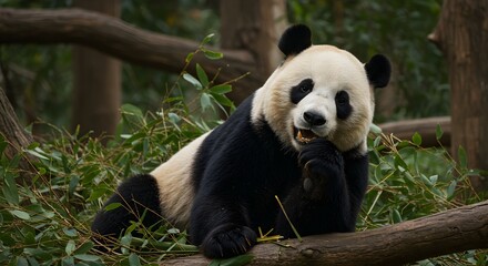 Panda eating bamboo in natural habitat