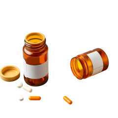 Pills spilling from amber medicine bottles