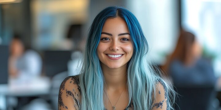 Inclusive image of a smiling mixed-ethnic disabled lesbian female office worker in a wheelchair collaborating with colleagues during a team-building session. This captures the spirit, Generative AI