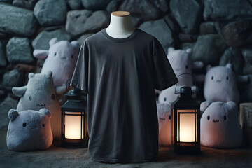 Black t-shirt hanging with pumpkins and spooky background.