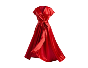 Elegant red satin wrap dress isolated on transparent background