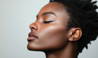 Fototapeta premium Side profile of an inclusive editorial portrait of a gay Black transgender man wearing eyeliner makeup and with his eyes closed, set against a plain background, Generative AI