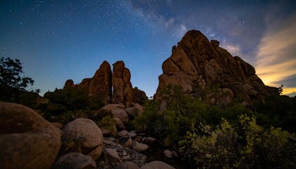 Nighttime landscape of rocky peaks under a starry sky