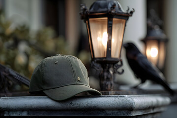Gray cap under lantern with Halloween pumpkins and candlelight.