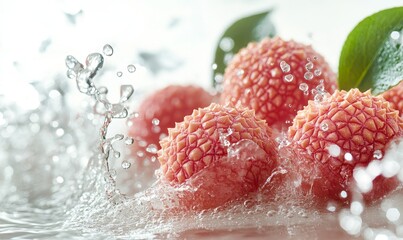 Lychee juice splashing against a white background, emphasizing freshness and vitality, ideal for beverage or fruit product marketing, Generative AI