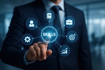 Skills and Expertise: A professional individual, impeccably attired in a business suit, selects a virtual skill, symbolizing a core competency. This image highlights career development