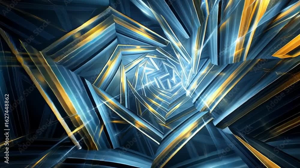 Poster abstract geometric tunnel featuring metallic blue and gold shapes forming dynamic futuristic pattern