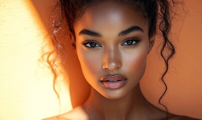 Attractive mixed-race African American female model posed against a peach fuzz background with strong shadows, creating a professional editorial look, Generative AI
