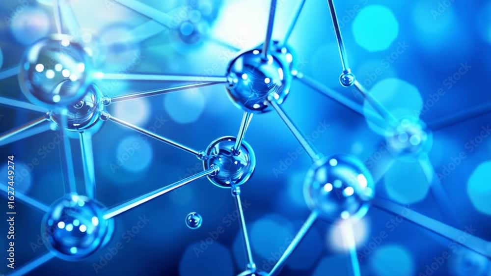 Poster blue molecular structure network with connected atoms and rods showing chemistry science connection 