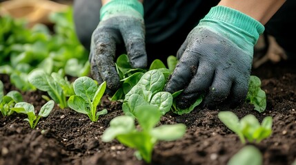 Close-up of gloved hands planting spinach seeds into rich compost soil, showcasing a high-definition realistic gardening moment.