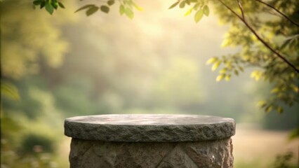 Obraz premium Natural stone pedestal beneath blurred foliage — earthy backdrop with calming tones 