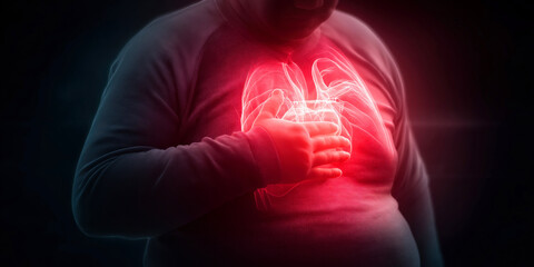 overweight man suffering chest pain, heart attack concept