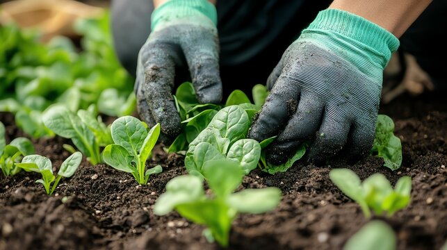 Close-up of gloved hands planting spinach seeds into rich compost soil, showcasing a high-definition realistic gardening moment.