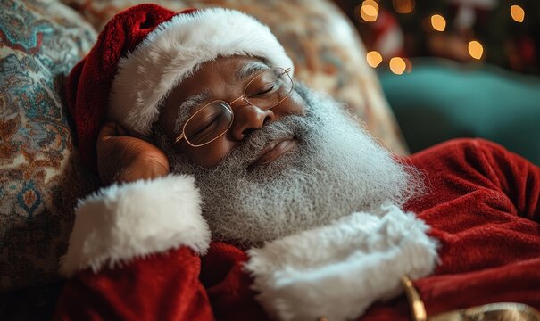 African American Santa Claus napping in an armchair. An alternative portrayal of Black Father Christmas as he relaxes at home on the night before Christmas. This modern twist adds, Generative AI