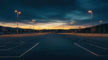 Empty parking lot at dawn, illuminated by street lights, with mountains in the background. Possible use stock photo for advertising, real estate, or travel
