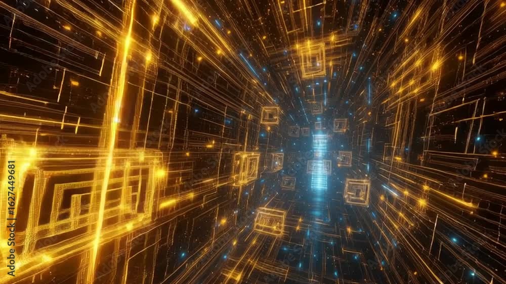 Poster digital technology glowing golden cubes and blue light particles create futuristic tunnel network wi