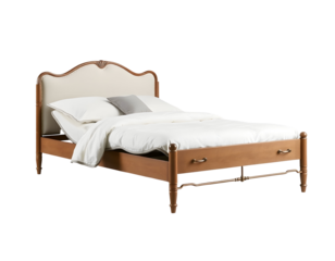 Elegant Wooden Bed with Cream Headboard and Comfy Bedding