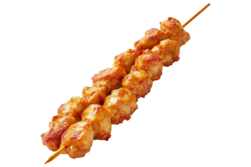 Grilled chicken Satay skewer with a golden brown glaze, isolated on white transparent background, concept of tasty street food