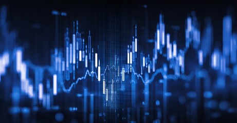 Colorful stock market or financial chart graph with candlesticks and lines on a blue background for a business concept, an elegant abstract technology digital wallpaper banner design.