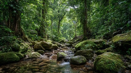 Obraz premium Lush tropical rainforest landscape in central america with dense green canopy and exotic jungle foliage