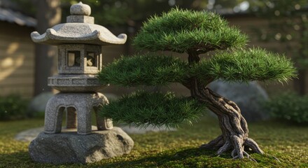 Gnarled Bonsai Pine and Stone Lantern in a Sun-dappled, Mossy Zen Garden