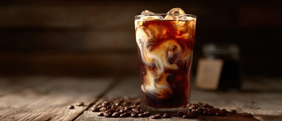 The refreshing iced coffee drink with creamy swirls and ice on rustic wood