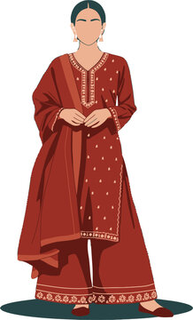 Elegant South Asian woman in a traditional red embroidered salwar kameez. Vector illustration of ethnic fashion.