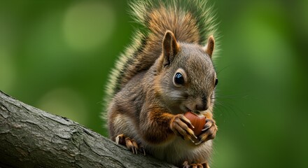 Obraz premium Squirrel eating nut on tree branch